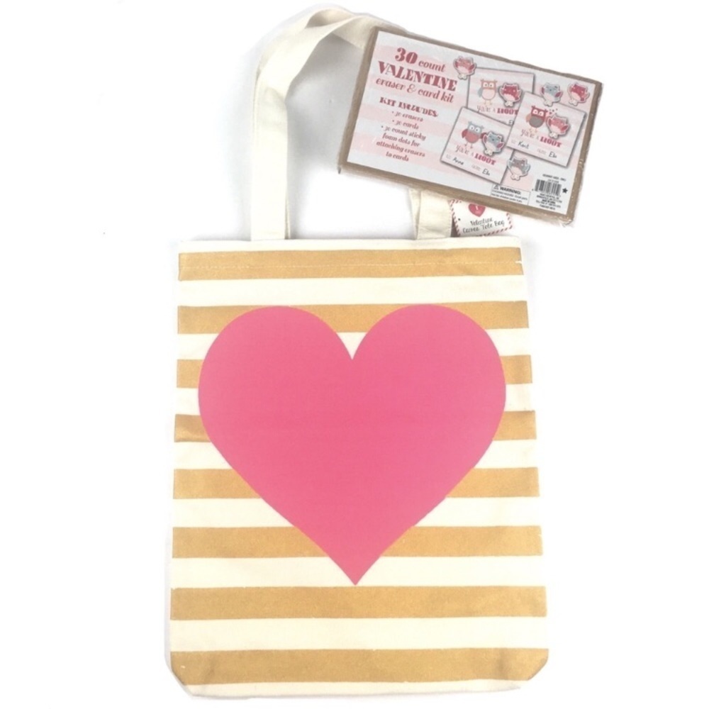 VALENTINES Canvas Tote Bag Pink Gold Heart Eraser & Card Kit Classroom Party Kit